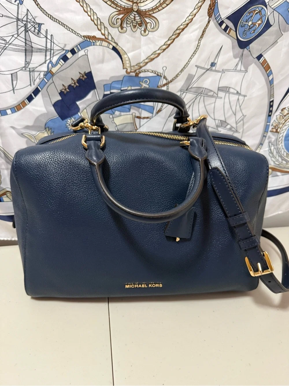 Michael Kors  Large Deep Navy Pebbled Leather Satchel with Gold Hardware NWT